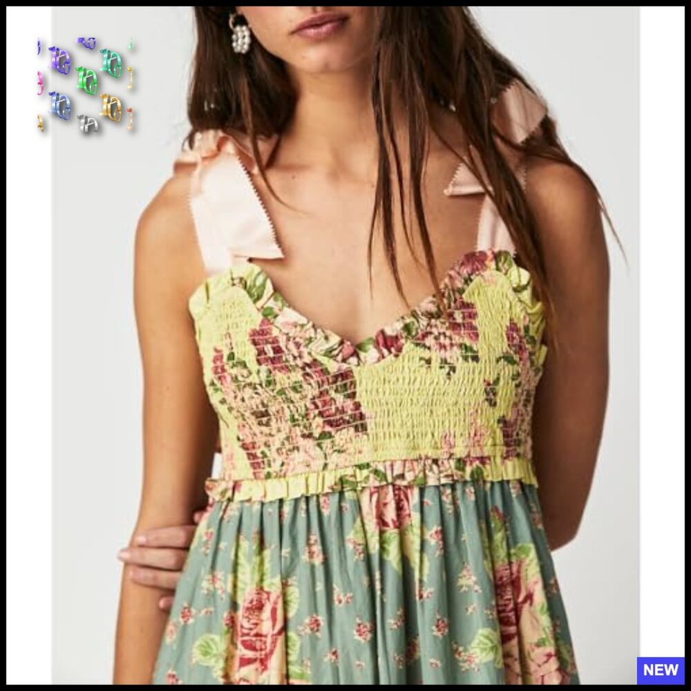 Boho Floral Maxi Dress Smocked Bodice Tiered Skirt Tie Shoulder Pockets - Picture 3 of 6